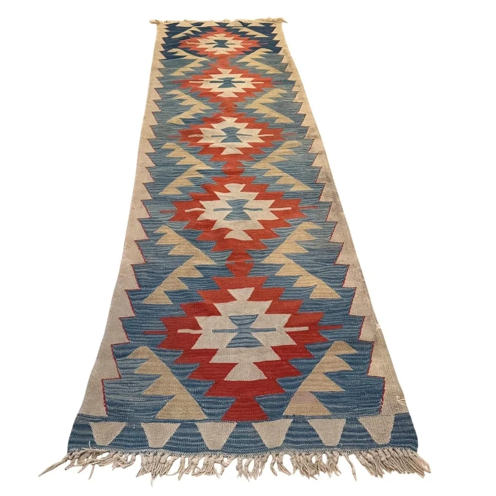 Vintage Southwestern Kilim Runner Rug Home 3x10 Blue Red \Wool Flatweave READ